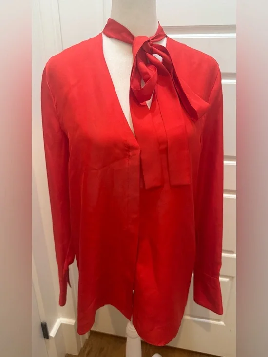 NWT. Rag & Bone. Florence Silk Tie Neck Blouse. Fiery Red. Size 6. - Picture 3 of 14